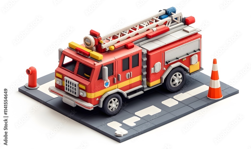 Isometric red fire truck with ladder, hydrant, cone on gray street. Isometric red fire truck with ladder, hydrant, cone on gray street.