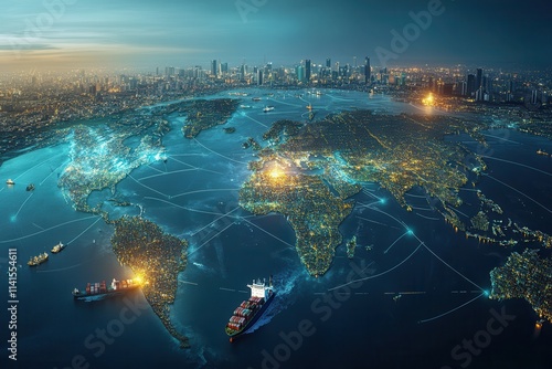 A digital globe illuminated with city lights and interconnected shipping routes, showcasing a vibrant, global trade landscape. photo