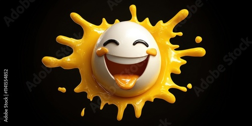 Broken Egg with Smiley Face Surrounded by Yellow Splatter on a Pitch Black Background, Top View in High Resolution