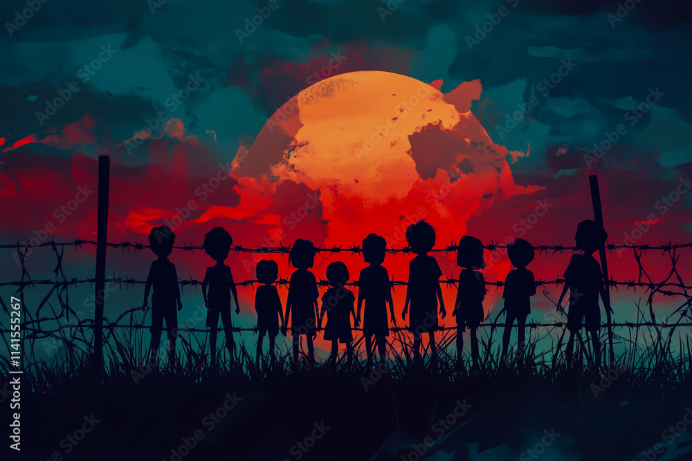 Fototapeta premium A group of children standing behind a barbed wire fence, cartoon-style vector illustration, expressing feelings of confinement and isolation.