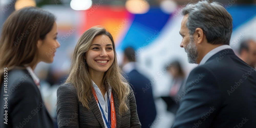 Obraz premium Three professionals engage in conversation at a networking event, showcasing collaboration and communication in a vibrant atmosphere.