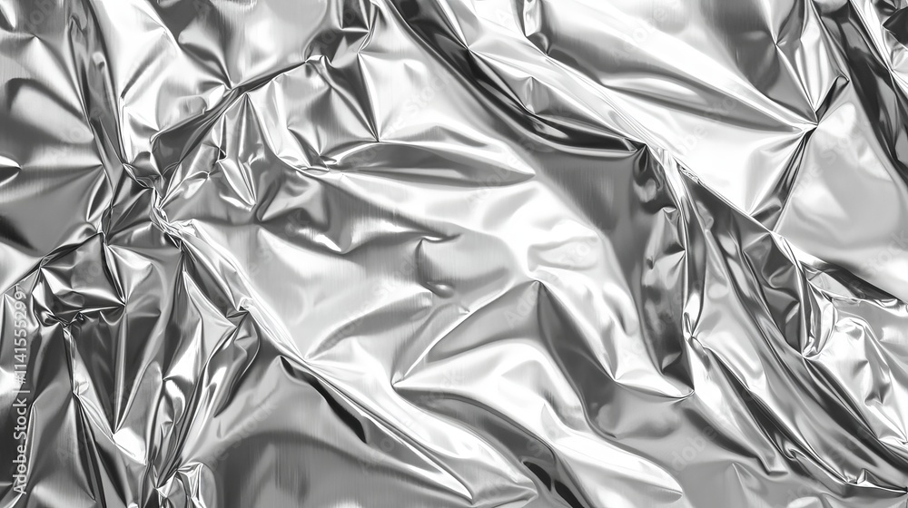 Shiny silver foil texture with reflective metallic surface, ideal for wallpaper, wrapping paper, and decorative backgrounds