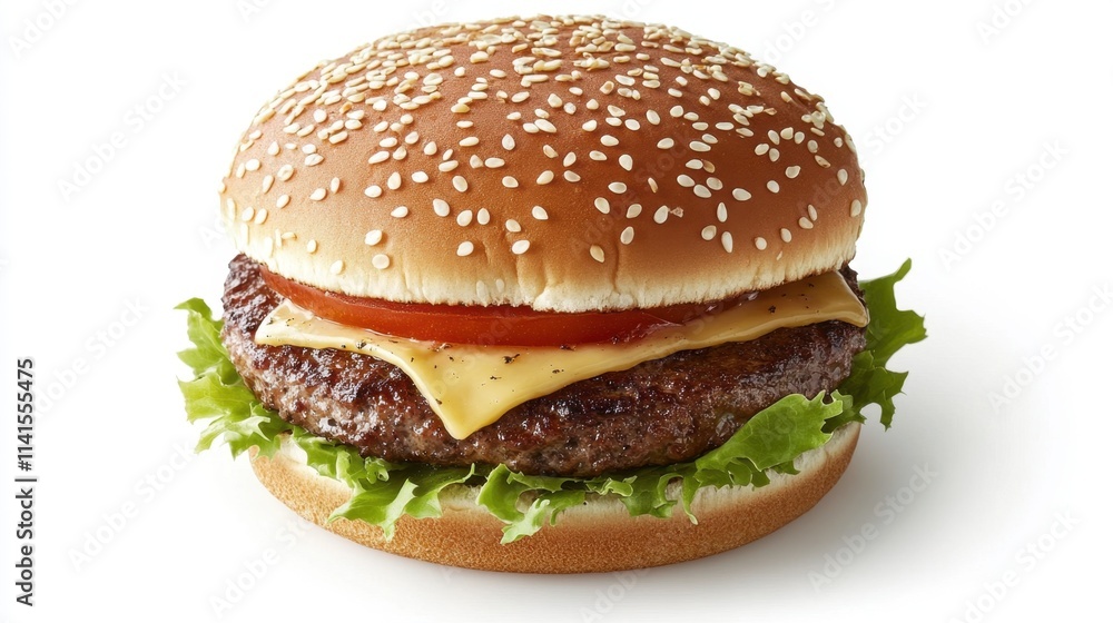 Delicious cheeseburger with lettuce, tomato, and sesame bun Delicious cheeseburger with lettuce, tomato, and sesame bun