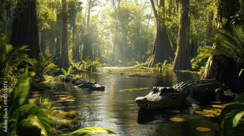 A crocodile is in the water with two other crocodiles