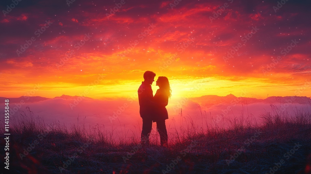 Obraz premium Silhouette couple against vibrant sunset