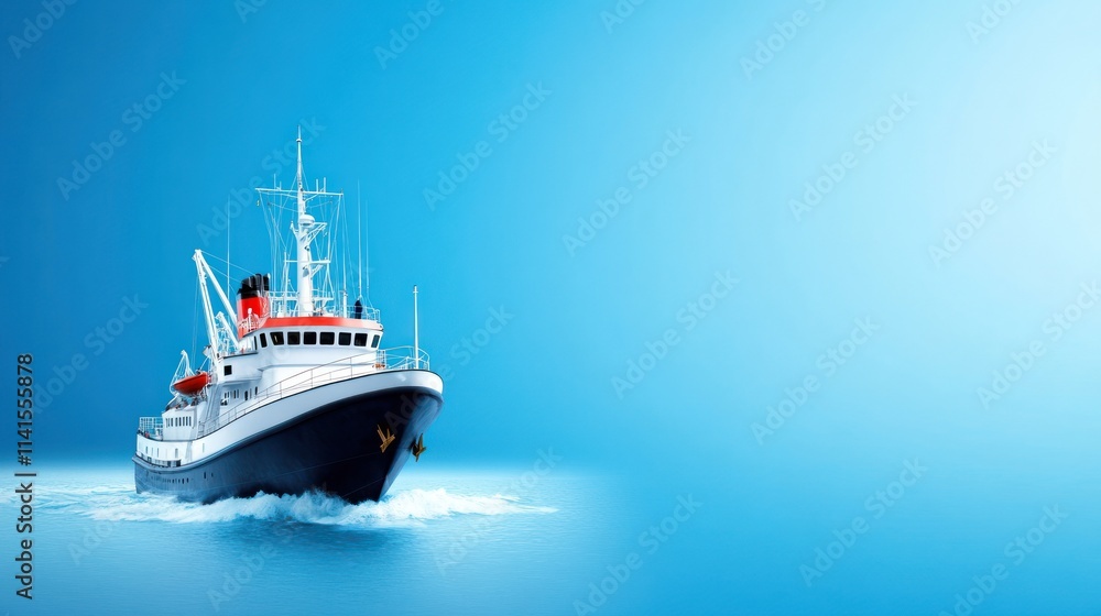 A ship navigating through calm blue waters. A ship navigating through calm blue waters.