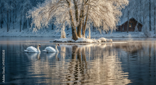 swan lake with two graceful swans against a winter landscape . Generative AI