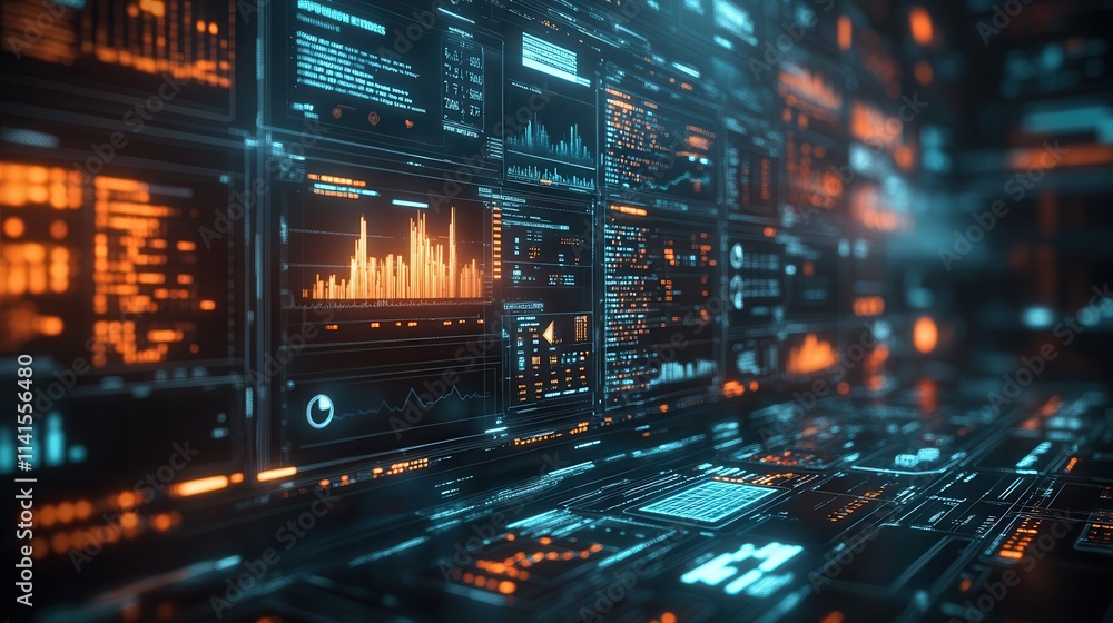 Fototapeta premium A futuristic digital landscape with glowing panels displaying data visualizations and graphs, creating an immersive tech environment.