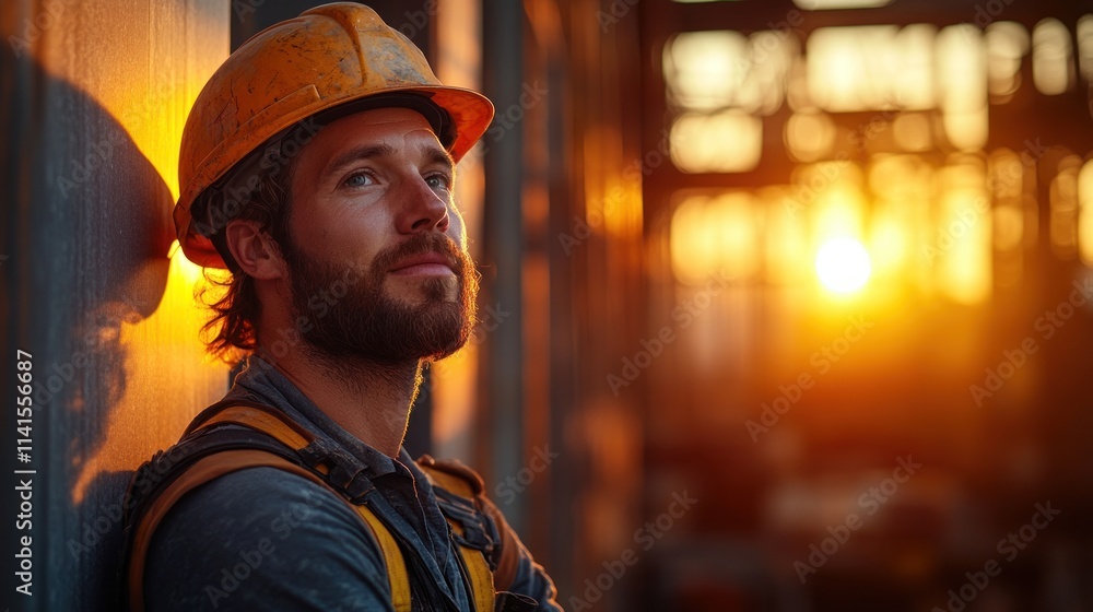 A thoughtful construction worker in a hard hat leans against a wall at sunset. A thoughtful construction worker in a hard hat leans against a wall at sunset.