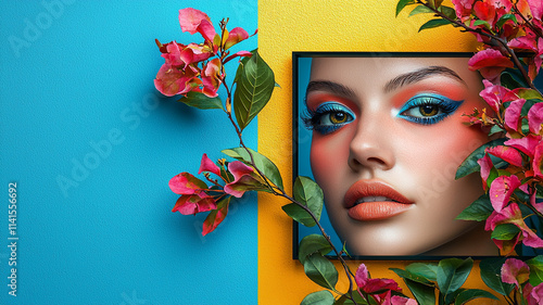 Woman s Face Framed by Flowers  Colorful Makeup  Blue   Yellow Background photo