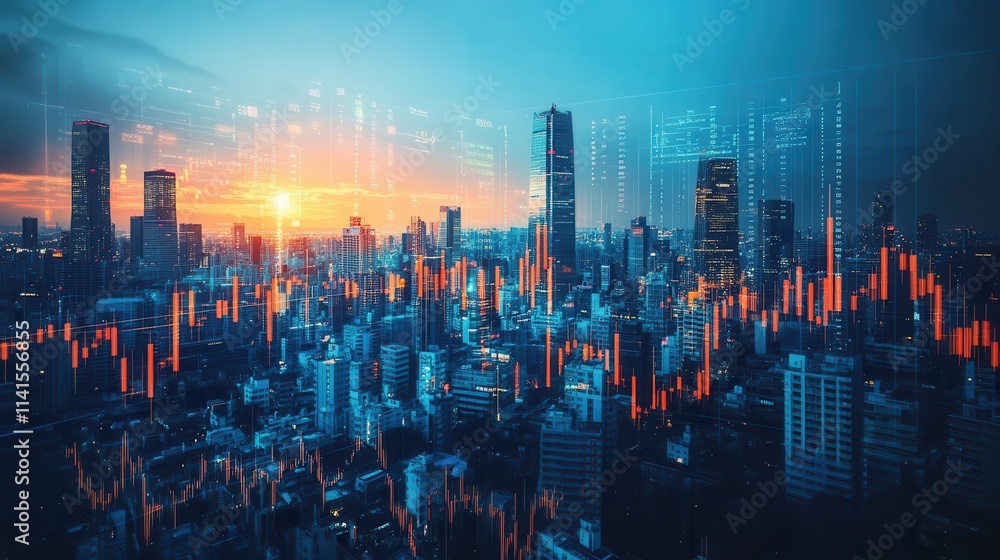 Fototapeta premium A vibrant city skyline at sunset with digital data overlays, symbolizing technology and urban development.