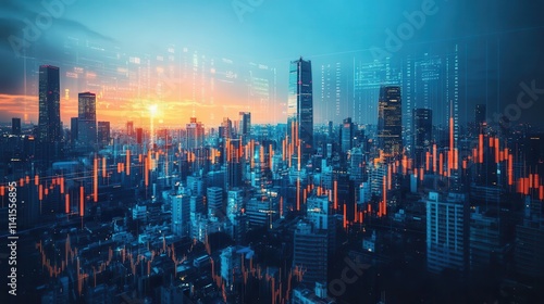 A vibrant city skyline at sunset with digital data overlays, symbolizing technology and urban development.