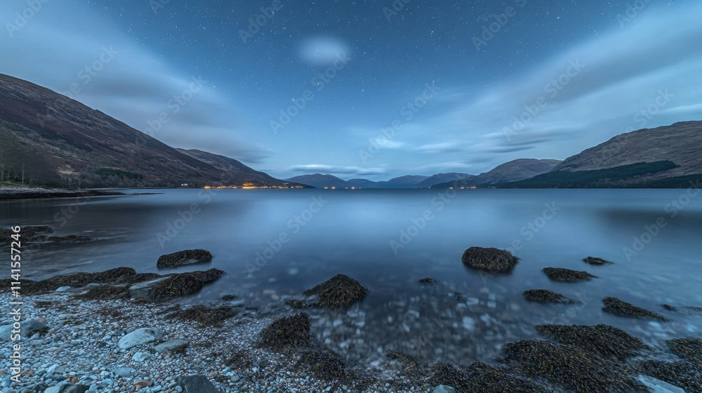 Serene Nightscape Over Calm Waters and Majestic Mountains Serene Nightscape Over Calm Waters and Majestic Mountains