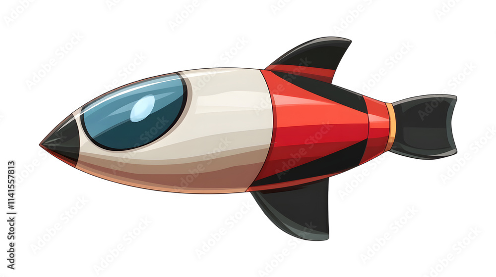 Side view of a cartoon rocket ship with a fish-eye lens effect, vector illustration, isolated on a transparent background. Side view of a cartoon rocket ship with a fish-eye lens effect, vector illustration, isolated on a transparent background.
