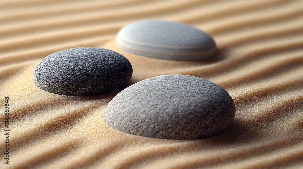 Harmonious Stone Trio on Patterned Sand for Zen Garden Meditation and Mindfulness : Generative AI Harmonious Stone Trio on Patterned Sand for Zen Garden Meditation and Mindfulness : Generative AI