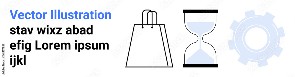 Shopping bag, hourglass, and gear objects in black and white. Placeholder text to the left. Ideal for ecommerce, time management, industry, minimal design, modern interface economy productivity Shopping bag, hourglass, and gear objects in black and white. Placeholder text to the left. Ideal for ecommerce, time management, industry, minimal design, modern interface economy productivity