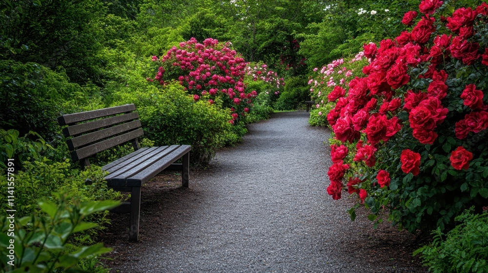 Obraz premium Serene Garden Pathway Surrounded by Lush Blooming Roses