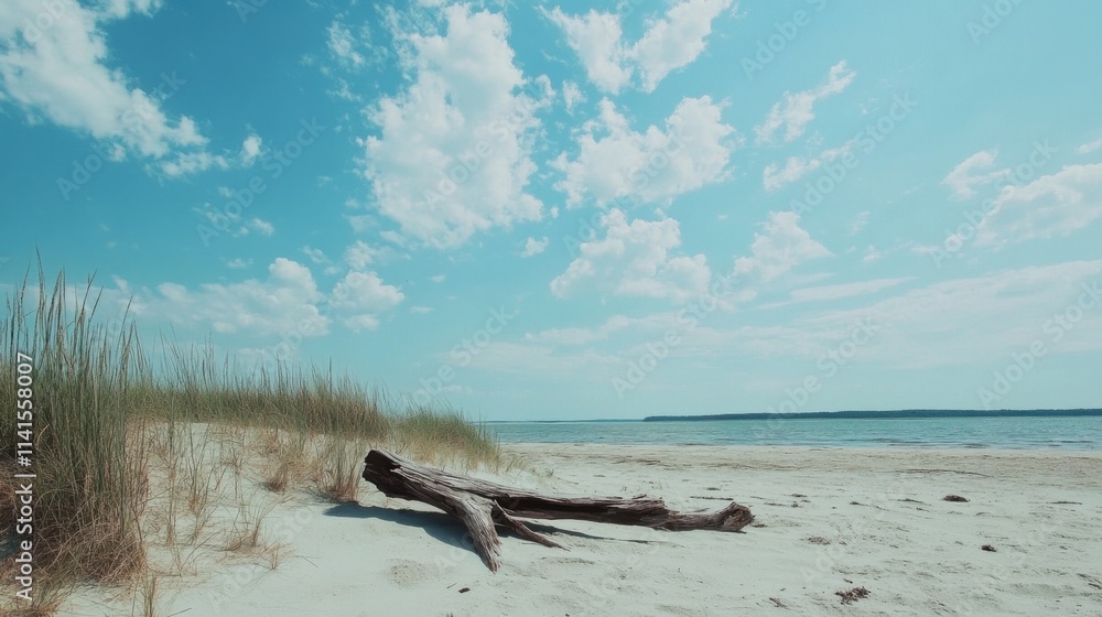 Tranquil Beach Landscape with Driftwood and Lush Grass under Sky Tranquil Beach Landscape with Driftwood and Lush Grass under Sky