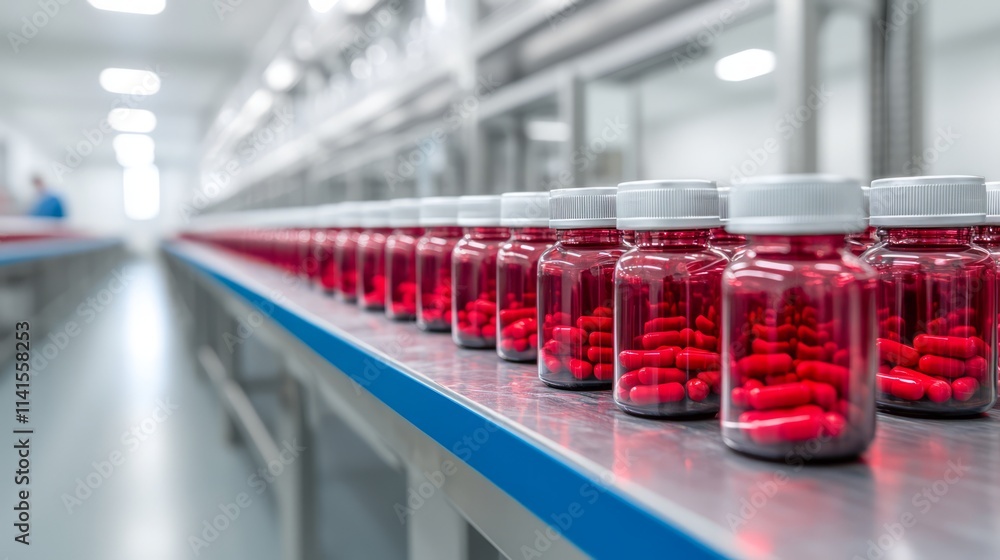 Rows of Transparent Bottles Filled with Red Capsules in a Modern Pharmaceutical Production Facility Showcasing a Clean and Efficient Manufacturing Process Rows of Transparent Bottles Filled with Red Capsules in a Modern Pharmaceutical Production Facility Showcasing a Clean and Efficient Manufacturing Process