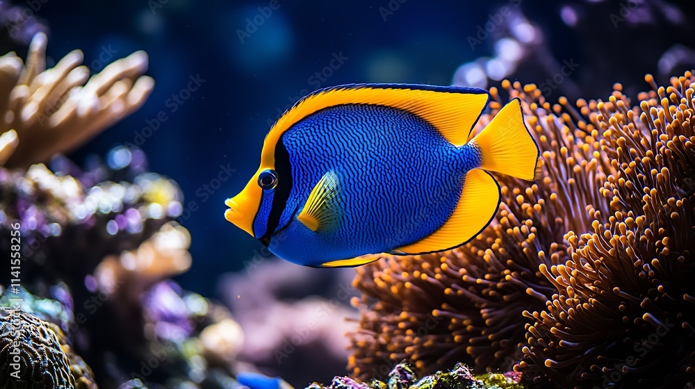 Blue and Yellow Exotic Fish in Coral Reef Habitat with Rich Marine Biodiversity : Generative AI Blue and Yellow Exotic Fish in Coral Reef Habitat with Rich Marine Biodiversity : Generative AI