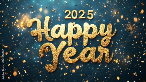 Happy New Year 2025. Golden lettering on blue background.
 photo