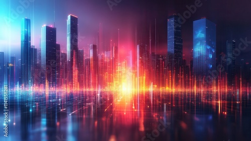 A futuristic city skyline illuminated by vibrant lights, showcasing a digital landscape with beams of color reflecting off water.