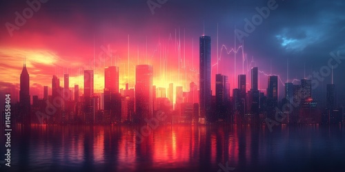 A vibrant city skyline at sunset, showcasing a blend of futuristic and urban architecture illuminated by colorful lights reflecting on the water.