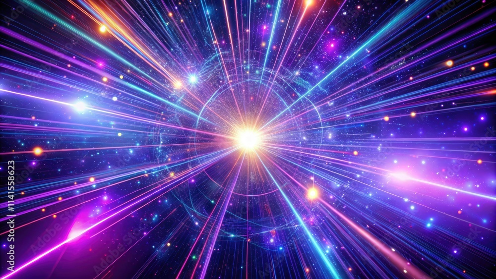 Fototapeta premium Abstract Cosmic Background in Minimalist Style with Neon Rays, Cyber Network Elements, and Light Speed Strings for Futuristic Visuals