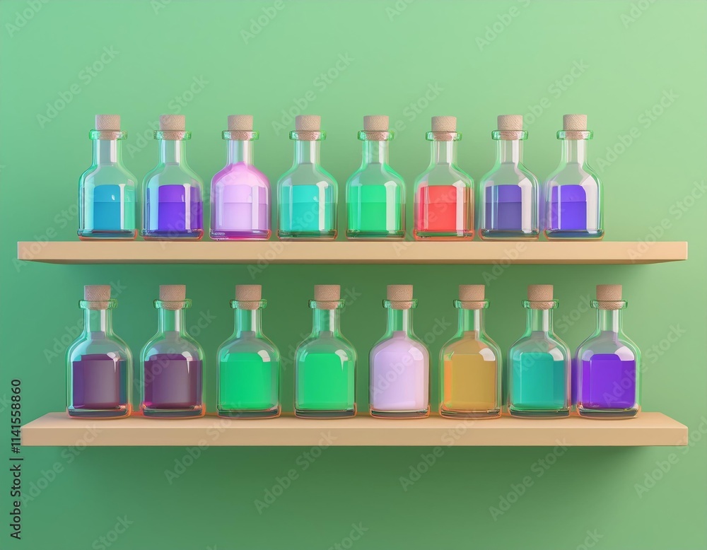 3D double shelf displays a collection of colorful glass bottles with cork stoppers 3D double shelf displays a collection of colorful glass bottles with cork stoppers
