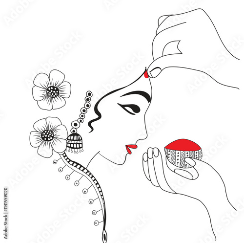 Beautiful indian bride, saree portrait, hand drawn cartoon sticker, icon concept isolated illustration