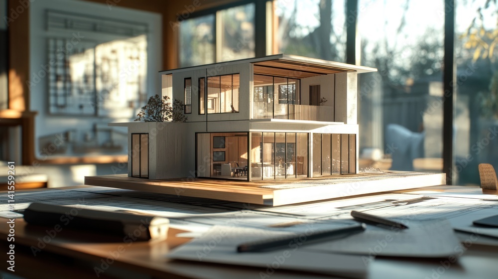A detailed architectural model displayed on a desk with blueprints and natural light. A detailed architectural model displayed on a desk with blueprints and natural light.
