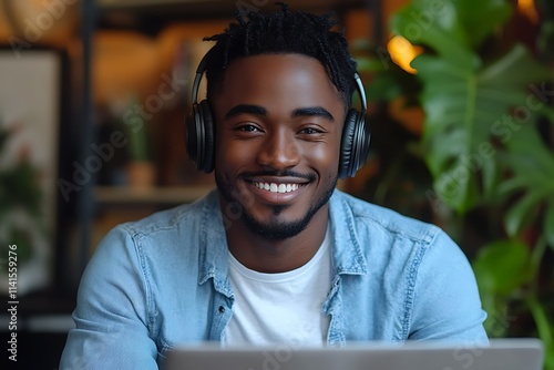 Young man with headphones listening to music and using laptop in cafe. photo