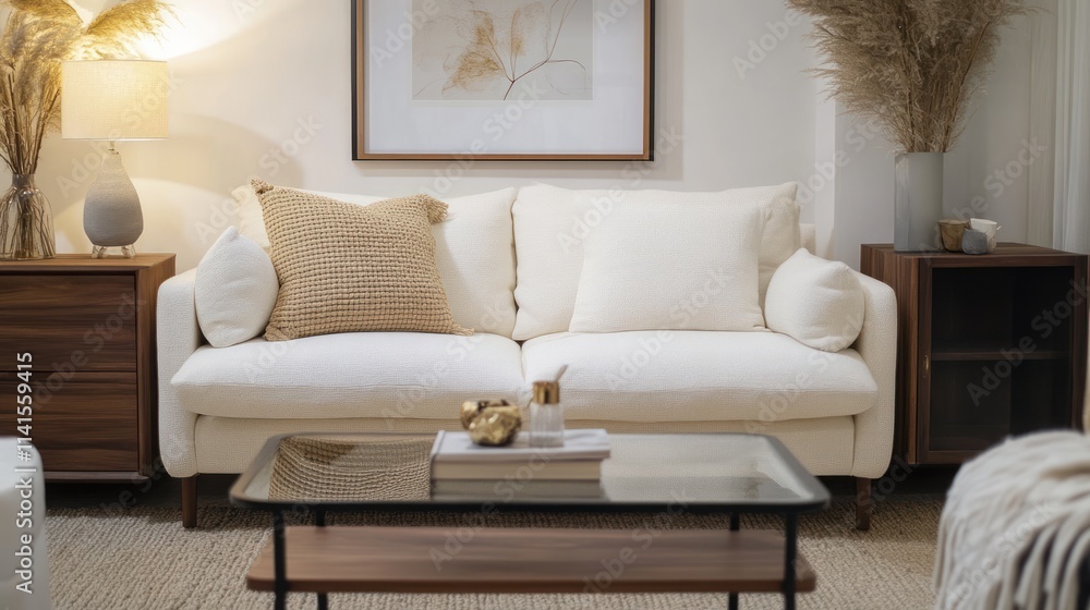 Cozy living room featuring a white sofa, decorative pillows, and a stylish coffee table. Cozy living room featuring a white sofa, decorative pillows, and a stylish coffee table.