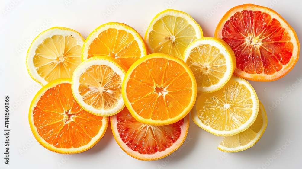 A bright, citrus-inspired palette with juicy, orange and lemon hues, isolated on a white background, top view A bright, citrus-inspired palette with juicy, orange and lemon hues, isolated on a white background, top view