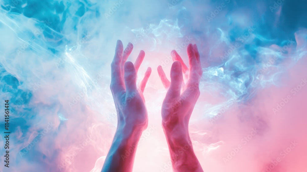 Ethereal hands reaching through colorful mist, symbolizing creativity and connection. Ethereal hands reaching through colorful mist, symbolizing creativity and connection.