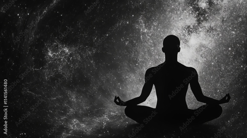 A person meditating in a lotus position with their back to the camera, silhouetted against a cosmic, starry sky background. The figure is composed of dark silhouette lines and highlights on its hands A person meditating in a lotus position with their back to the camera, silhouetted against a cosmic, starry sky background. The figure is composed of dark silhouette lines and highlights on its hands