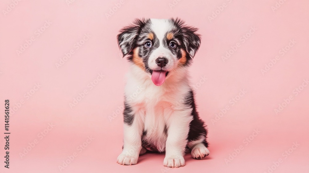 40.Funny Australian shepherd puppy sitting on a pastel pink background, head tilted slightly and tongue licking its nose; lively, bright expression with big, curious eyes; soft, warm lighting 40.Funny Australian shepherd puppy sitting on a pastel pink background, head tilted slightly and tongue licking its nose; lively, bright expression with big, curious eyes; soft, warm lighting