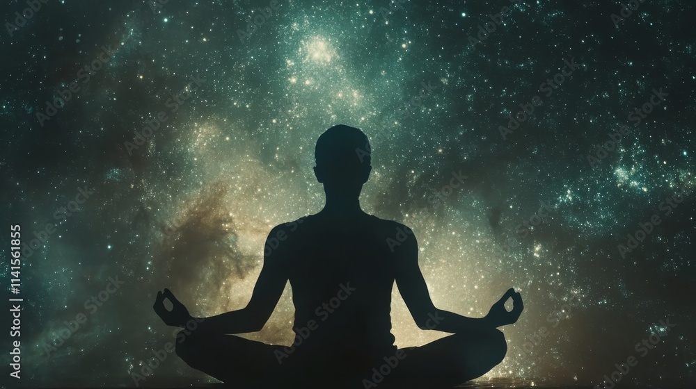 A person meditating in a lotus position with their back to the camera, silhouetted against a cosmic, starry sky background. The figure is composed of dark silhouette lines and highlights on its hands A person meditating in a lotus position with their back to the camera, silhouetted against a cosmic, starry sky background. The figure is composed of dark silhouette lines and highlights on its hands