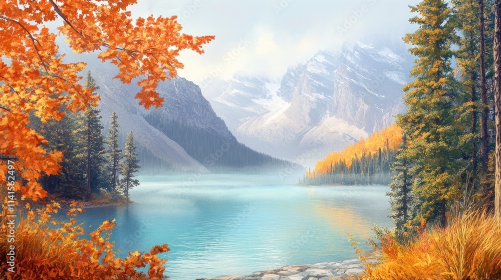 Fototapeta premium A serene lake surrounded by autumn foliage and mountains.