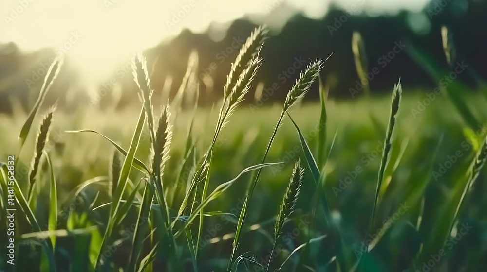Closeup of wheat stalks glowing in the sunlight of a peaceful field : Generative AI Closeup of wheat stalks glowing in the sunlight of a peaceful field : Generative AI