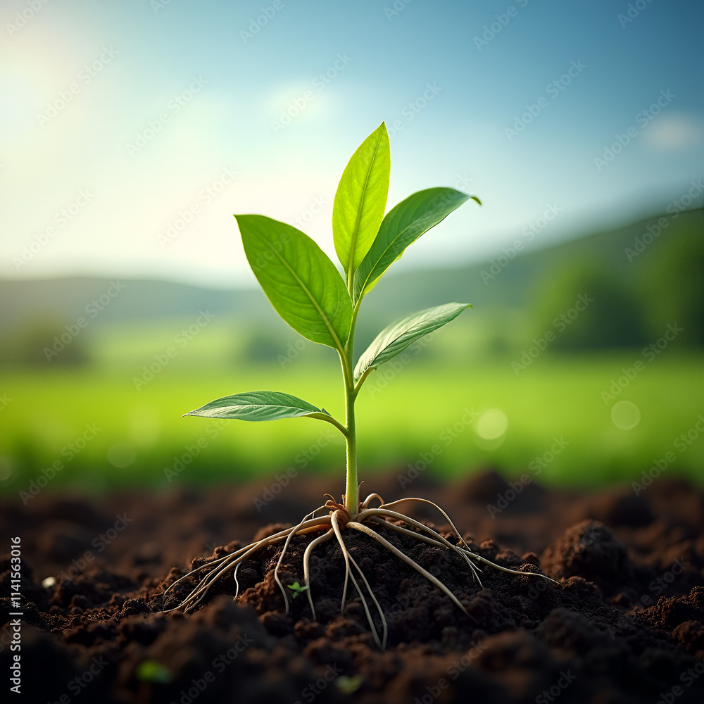 Fototapeta premium Young green plant sprouting from fertile soil with visible roots, symbolizing growth, nature, and sustainability in a lush outdoor environment.