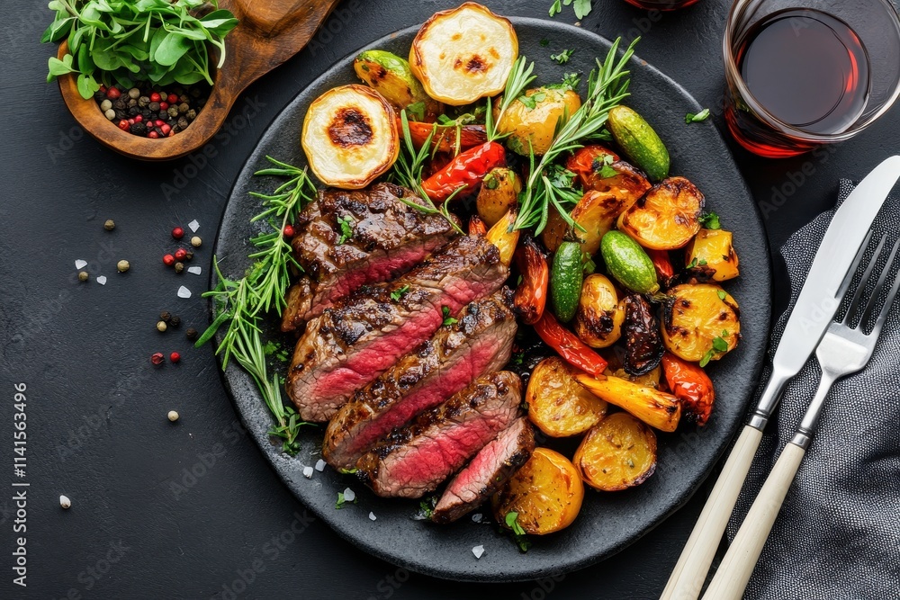 Perfectly Seared Steak with Char Marks Accompanied by Flavorful Roasted Vegetables on a Rustic Plate Perfectly Seared Steak with Char Marks Accompanied by Flavorful Roasted Vegetables on a Rustic Plate