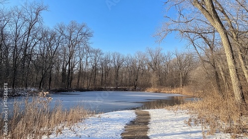 Peaceful Winter Landscape with Frozen Pond and Bare Trees