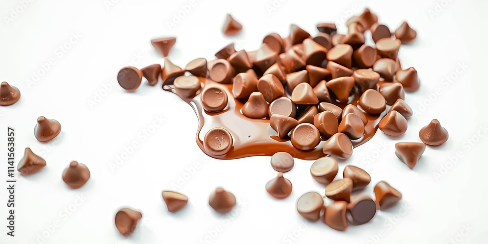 A delectable scattering of melting chocolate morsels, a symphony of rich brown hues against a pristine white backdrop A delectable scattering of melting chocolate morsels, a symphony of rich brown hues against a pristine white backdrop