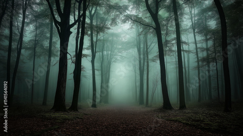 Thick fog swirling in the dark forest, tall trees with barely discernible trunks disappearing into the fog