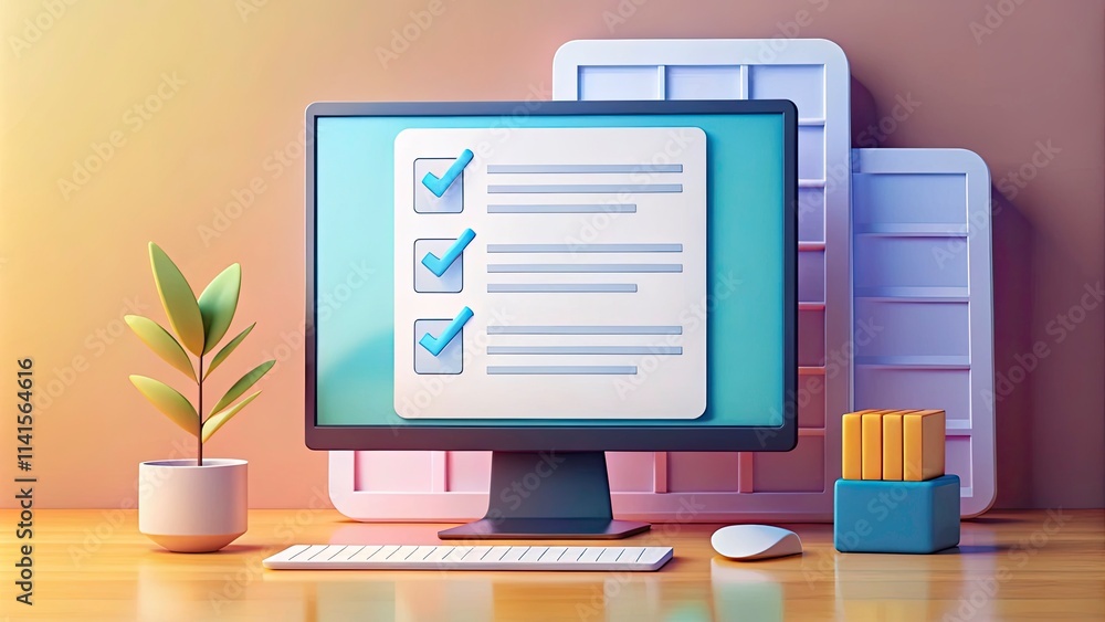 Obraz premium Computer and Checklist Concept: PC Monitor Displaying Paper Document and To-Do List with Checkboxes, Questionnaire Report in Vector 3D Style for Efficient Task Management