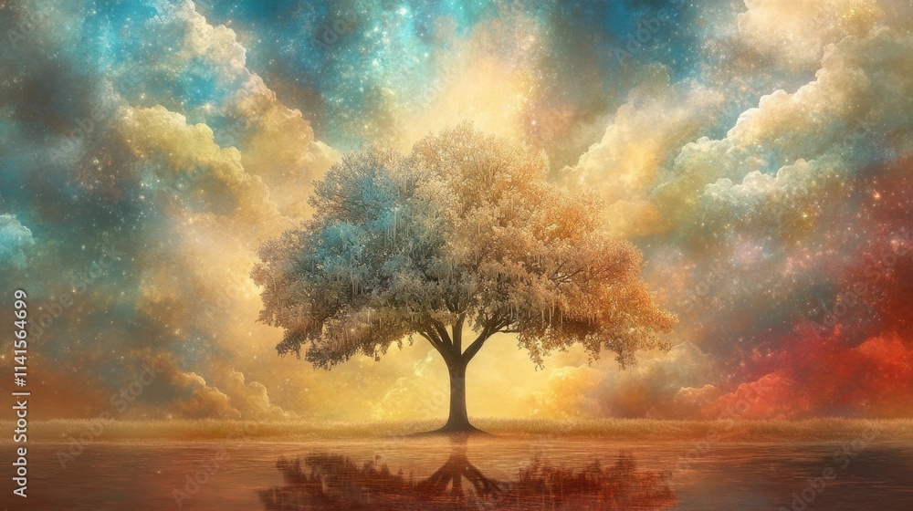 Majestic tree silhouette against a colorful cosmic background Majestic tree silhouette against a colorful cosmic background
