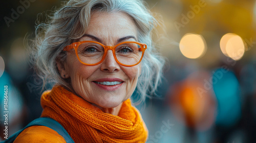 Happy Senior Woman Smiling Outdoors  Wearing Orange Knitwear and Glasses