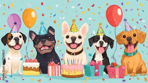 71.Cartoon illustration of a lively group of dogs celebrating a birthday party, including a cheerful bulldog, excited pug, smiling dachshund, happy labrador, and playful spaniel; each dog is wearing