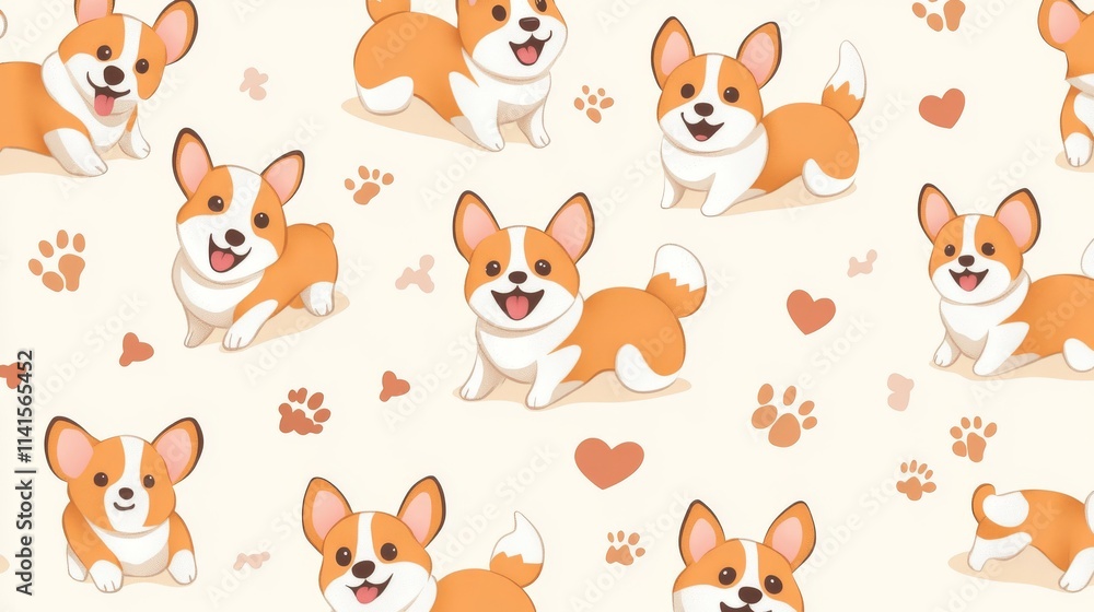 56.Seamless pattern featuring cartoon corgis in various playful poses on a light pastel background; cute corgis with round eyes and fluffy tails, some running, others sitting or sleeping; pattern 56.Seamless pattern featuring cartoon corgis in various playful poses on a light pastel background; cute corgis with round eyes and fluffy tails, some running, others sitting or sleeping; pattern